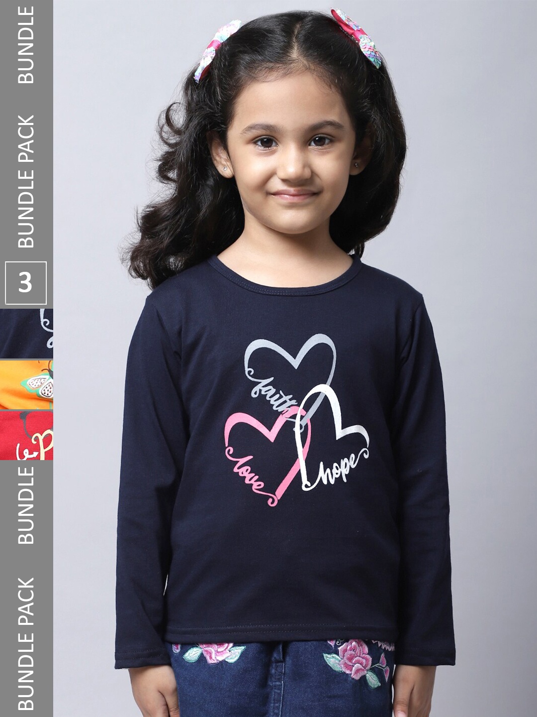 

BAESD Girls Pack Of 3 Graphic Printed Long Sleeve Pure Cotton T-shirt, Navy blue