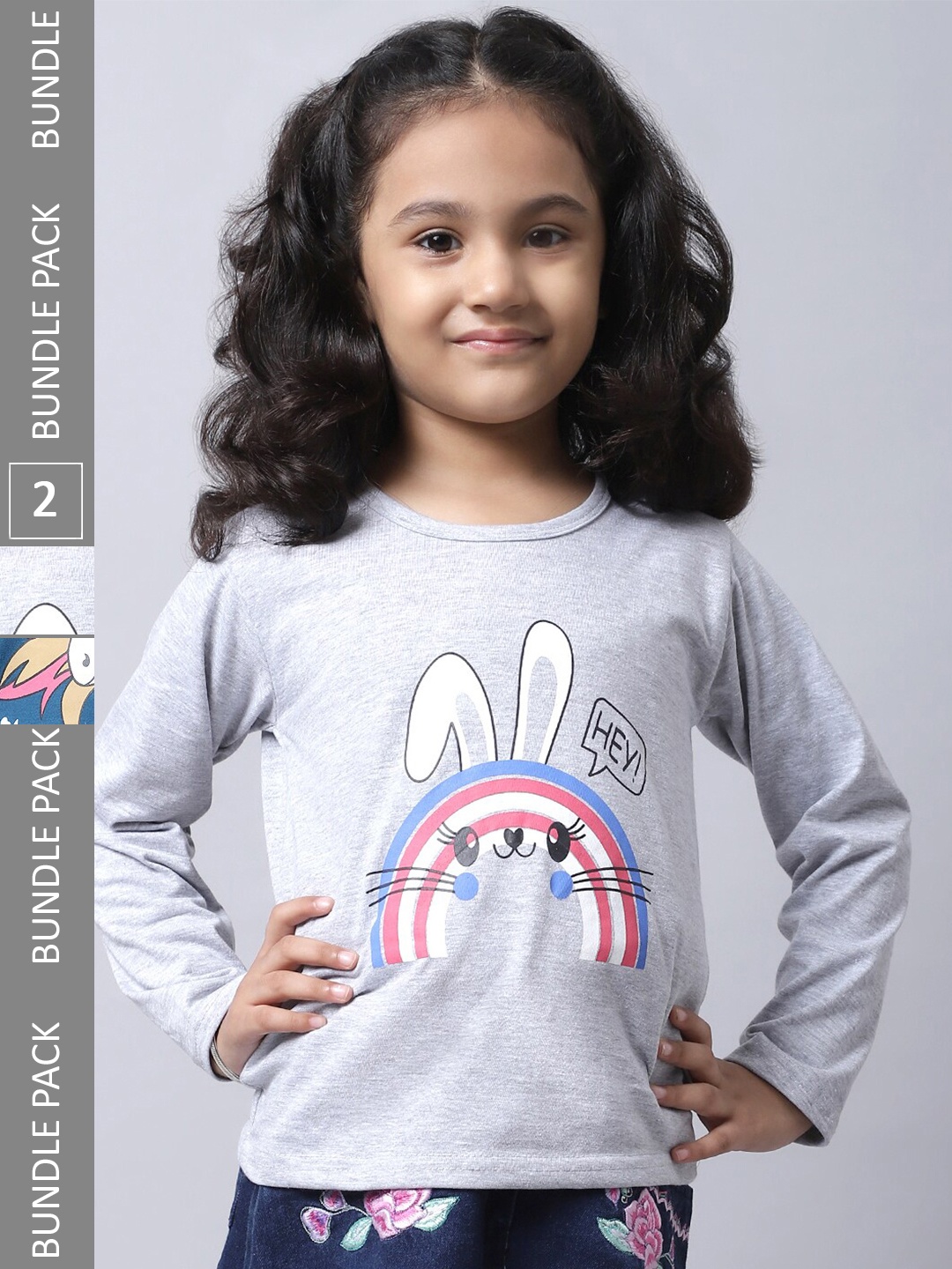 

BAESD Girls Pack Of 2 Graphic Printed Long Sleeve Pure Cotton T-shirt, Grey