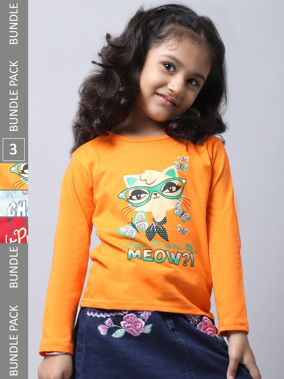 

BAESD Girls Pack Of 3 Graphic Printed Long Sleeve Pure Cotton T-shirt, Orange