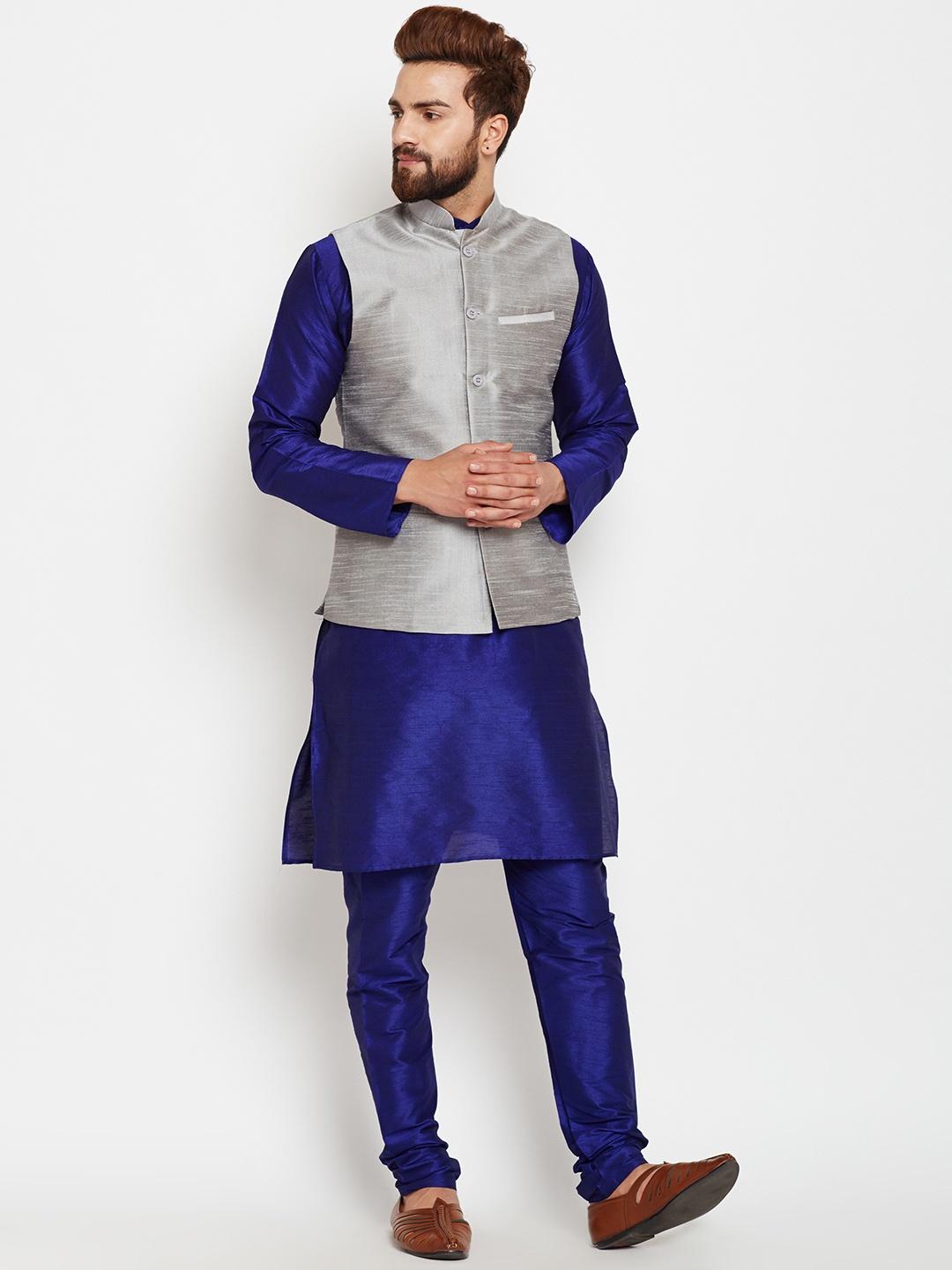 

SOJANYA Men Blue & Grey Self Design Kurta with Pyjamas and Nehru Jacket