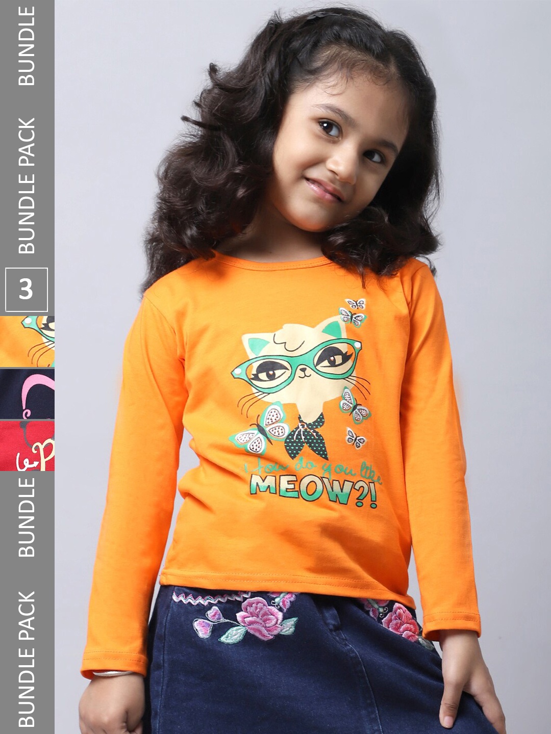 

BAESD Girls Pack Of 3 Graphic Printed Cotton T-shirt, Orange