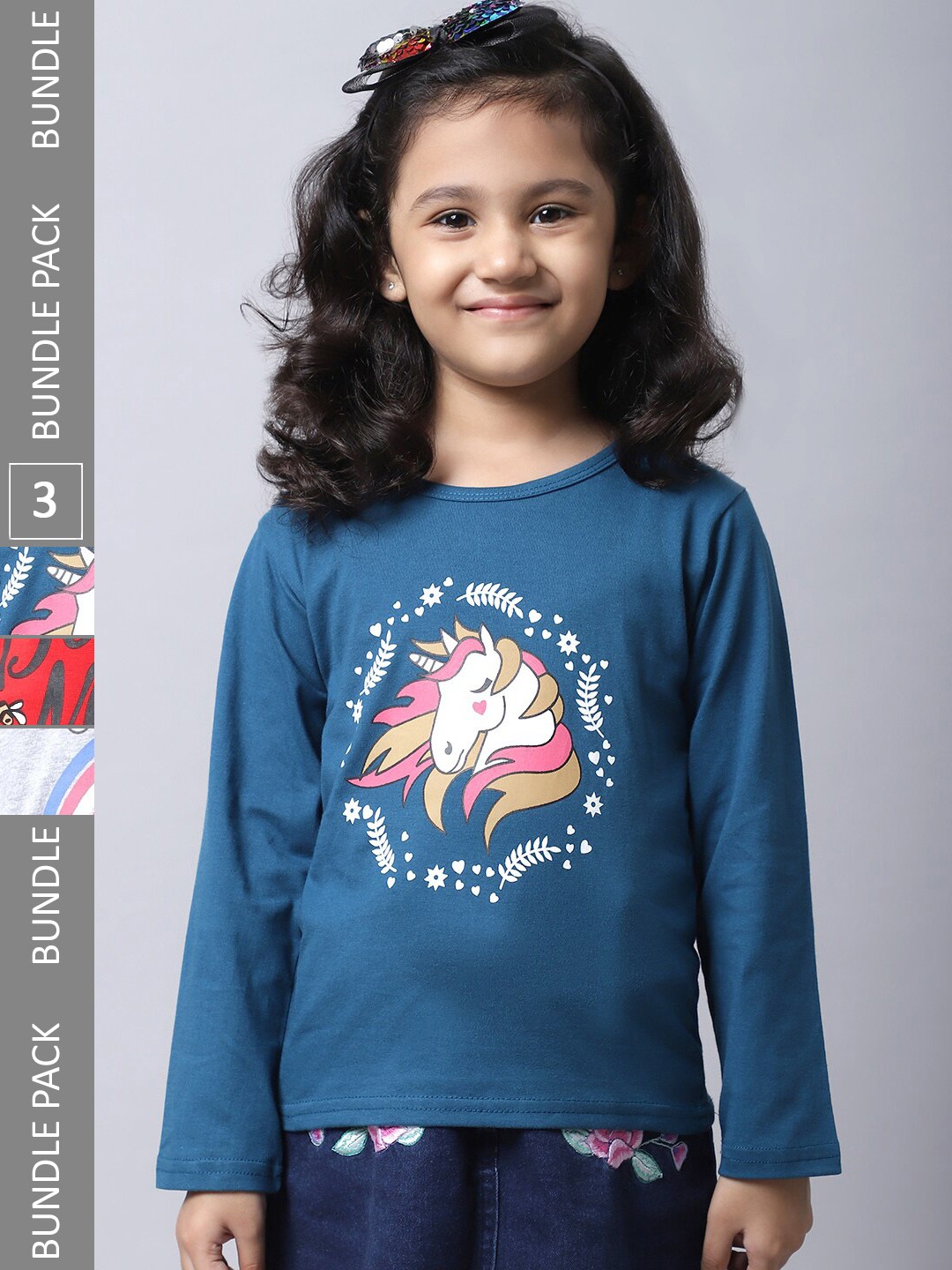 

BAESD Girls Pack Of 3 Graphic Printed Cotton T-shirt, Blue