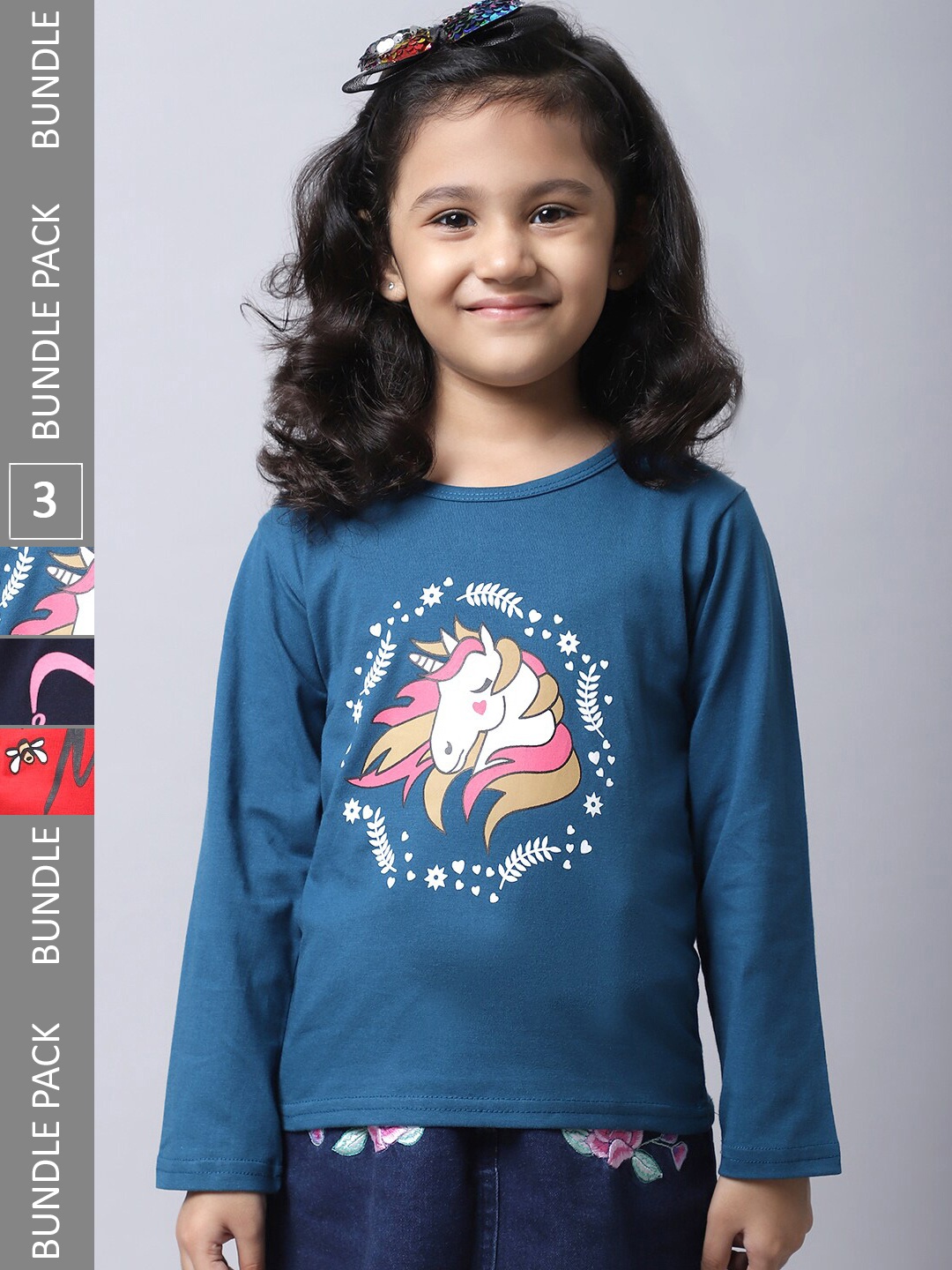 

BAESD Girls Pack Of 3 Graphic Printed Cotton T-shirt, Blue