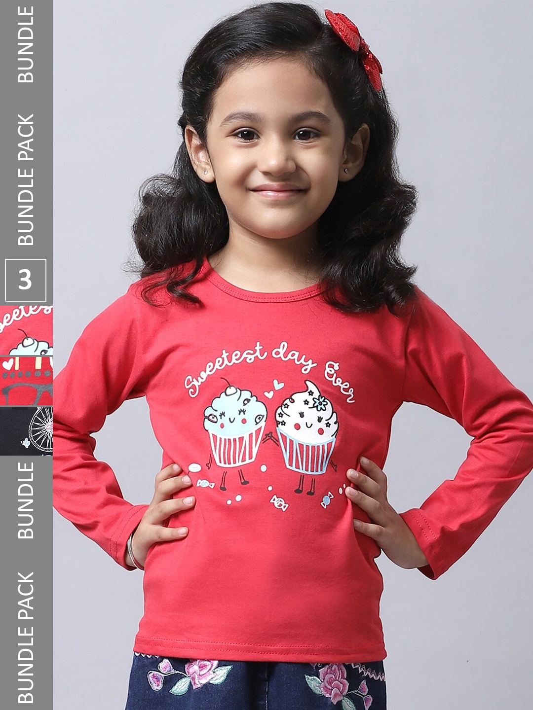 

BAESD Girls Pack Of 3 Graphic Printed Cotton T-shirt, Red
