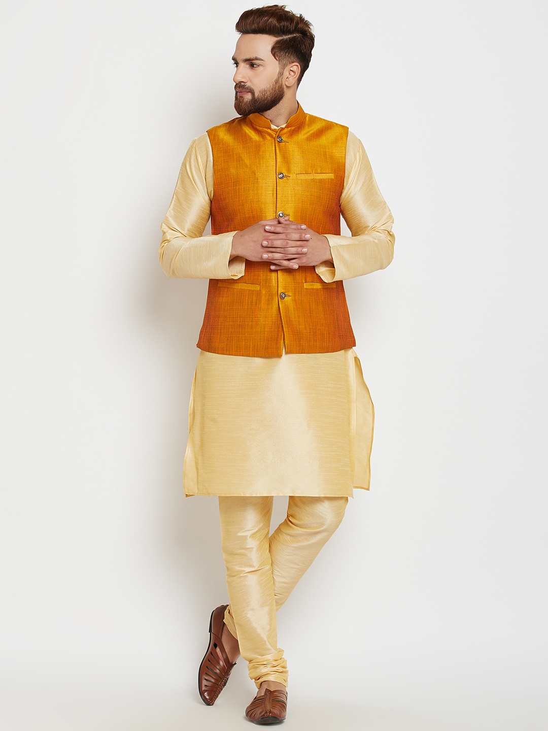 

SOJANYA Men Gold-Toned & Mustard Self Design Kurta with Pyjamas and Nehru Jacket