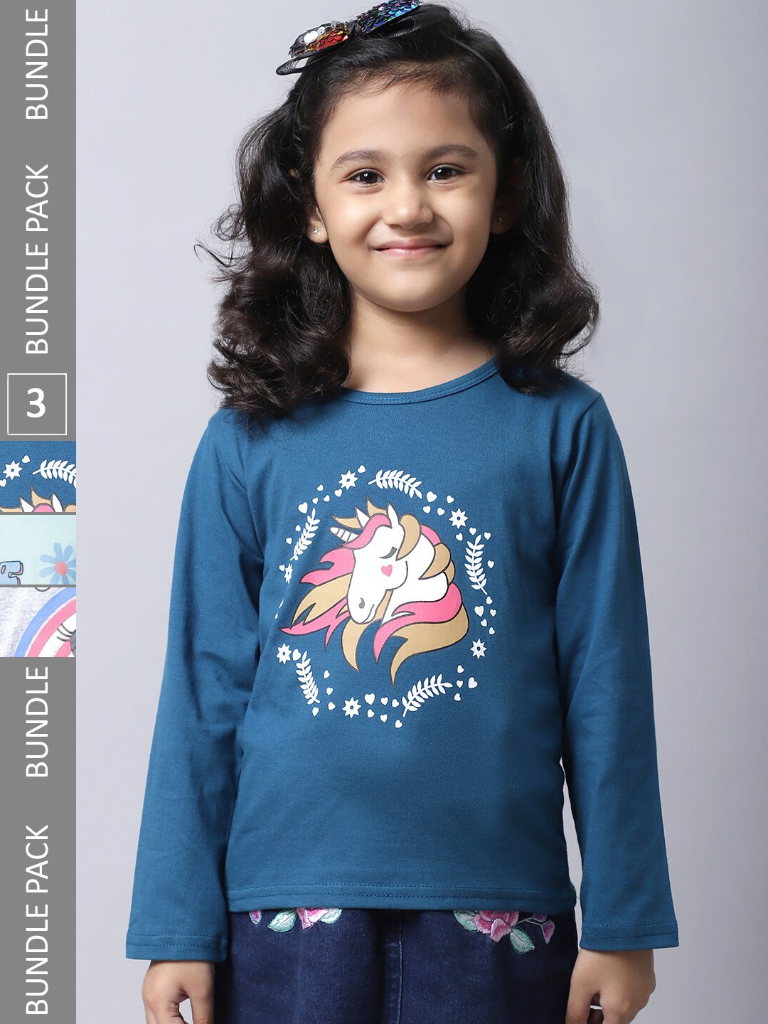 

BAESD Girls Pack Of 3 Graphic Printed Cotton T-shirt, Blue