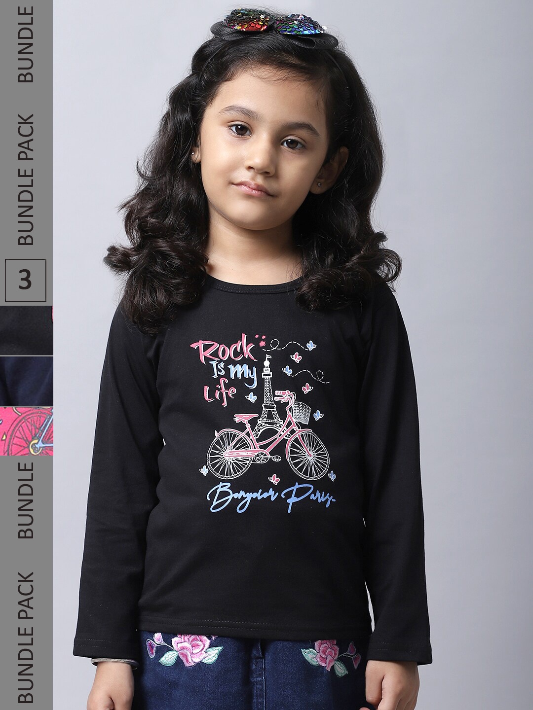 

BAESD Girls Pack Of 3 Graphic Printed Cotton T-shirt, Black