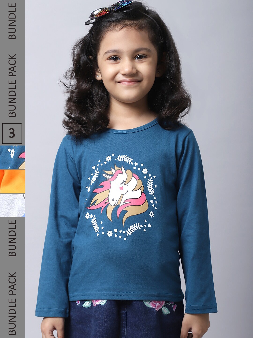 

BAESD Girls Pack Of 3 Graphic Printed Cotton T-shirt, Blue