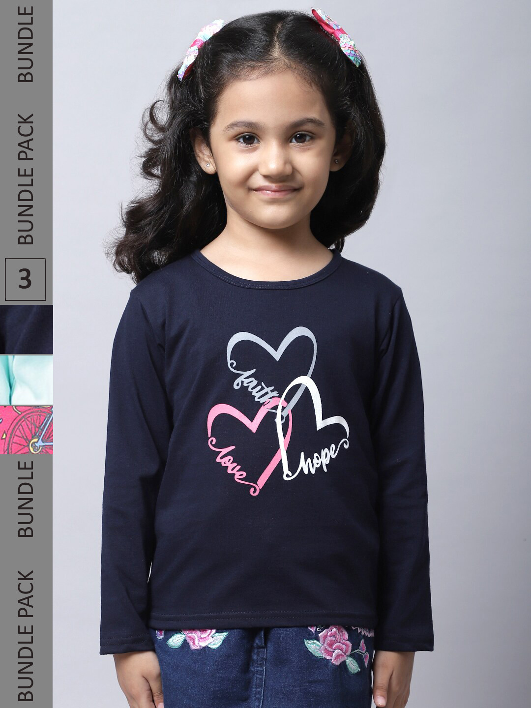 

BAESD Girls Pack Of 3 Graphic Printed Cotton T-shirt, Navy blue