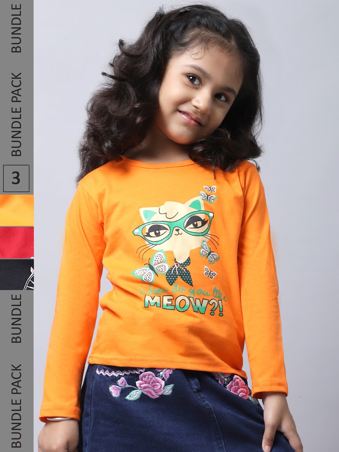

BAESD Girls Pack Of 3 Graphic Printed Cotton T-shirt, Orange