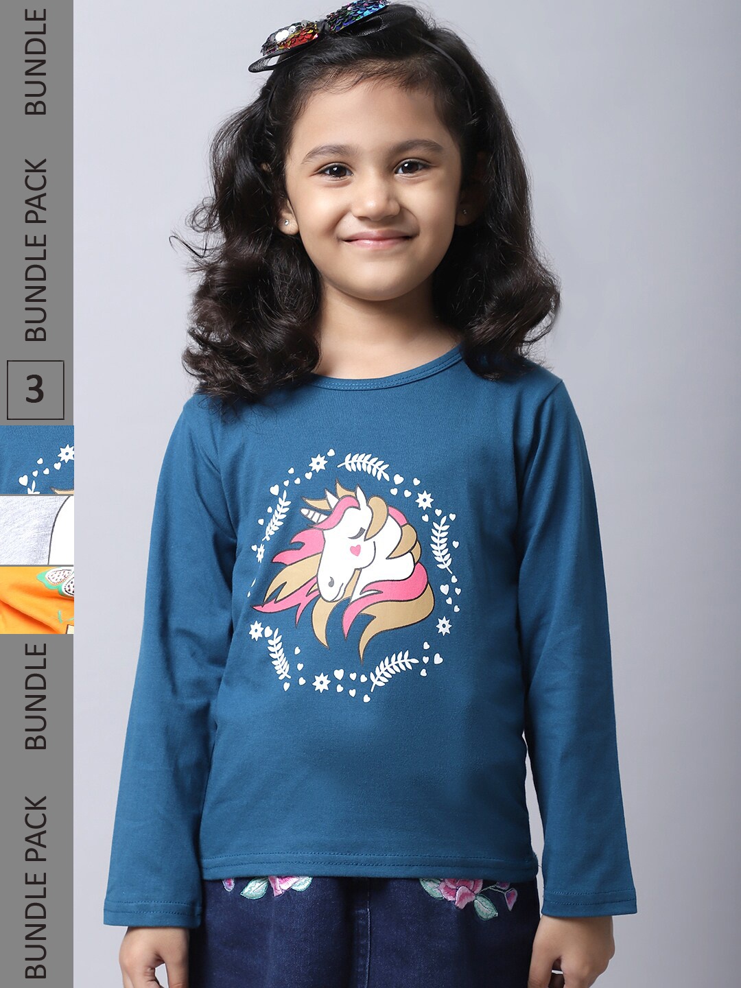 

BAESD Girls Pack Of 3 Graphic Printed Cotton T-shirt, Blue