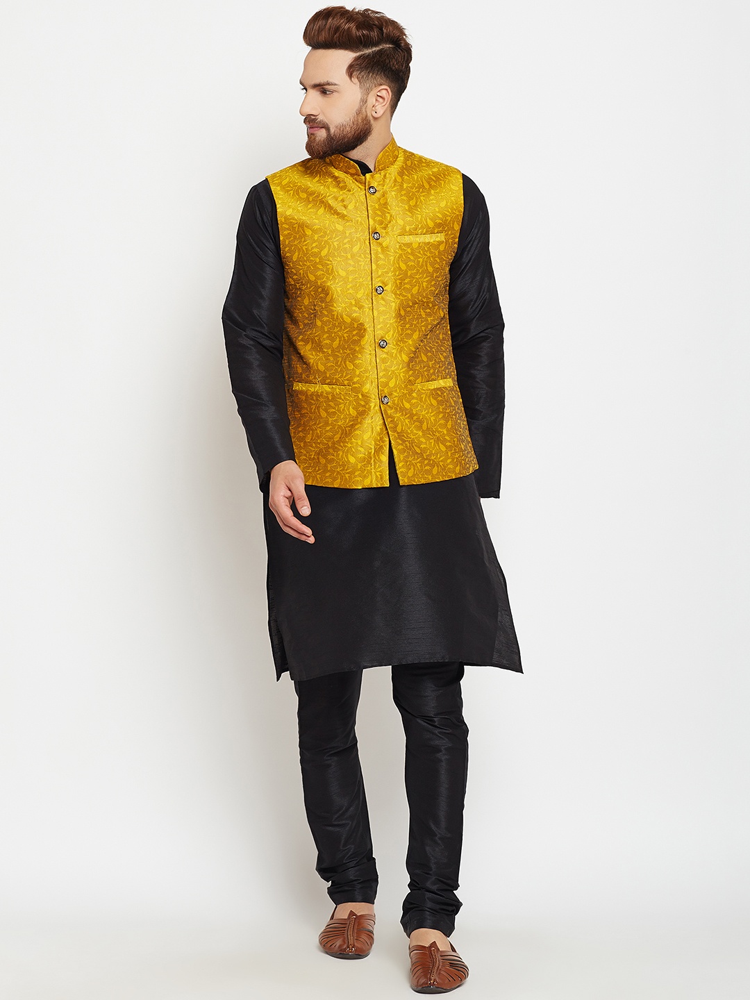 

SOJANYA Men Black & Yellow Self Design Kurta Pyjamas & Nehru Jacket