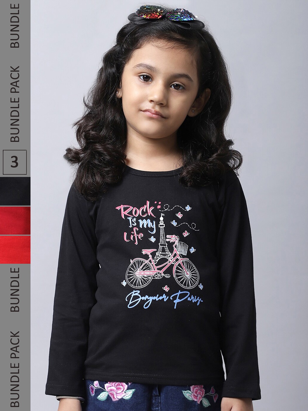 

BAESD Girls Pack Of 3 Graphic Printed Cotton T-shirt, Black