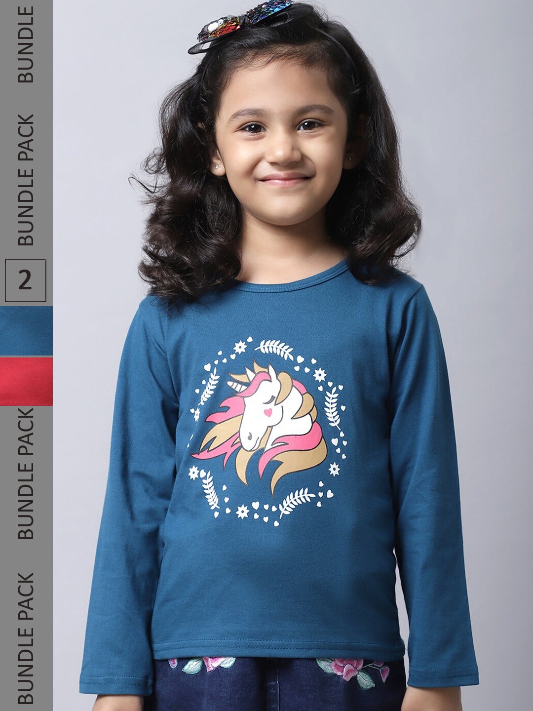 

BAESD Girls Pack Of 2 Graphic Printed Cotton T-shirt, Blue