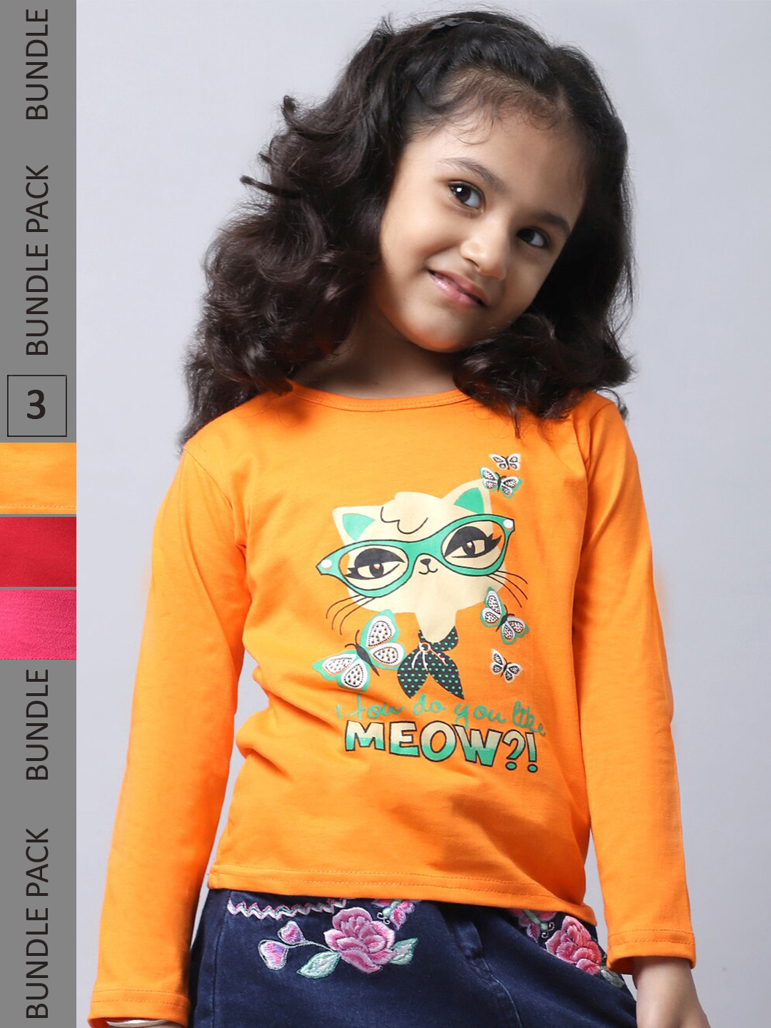 

BAESD Girls Pack Of 3 Typography Printed Round Neck Cotton Regular Fit Casual T-Shirt, Orange