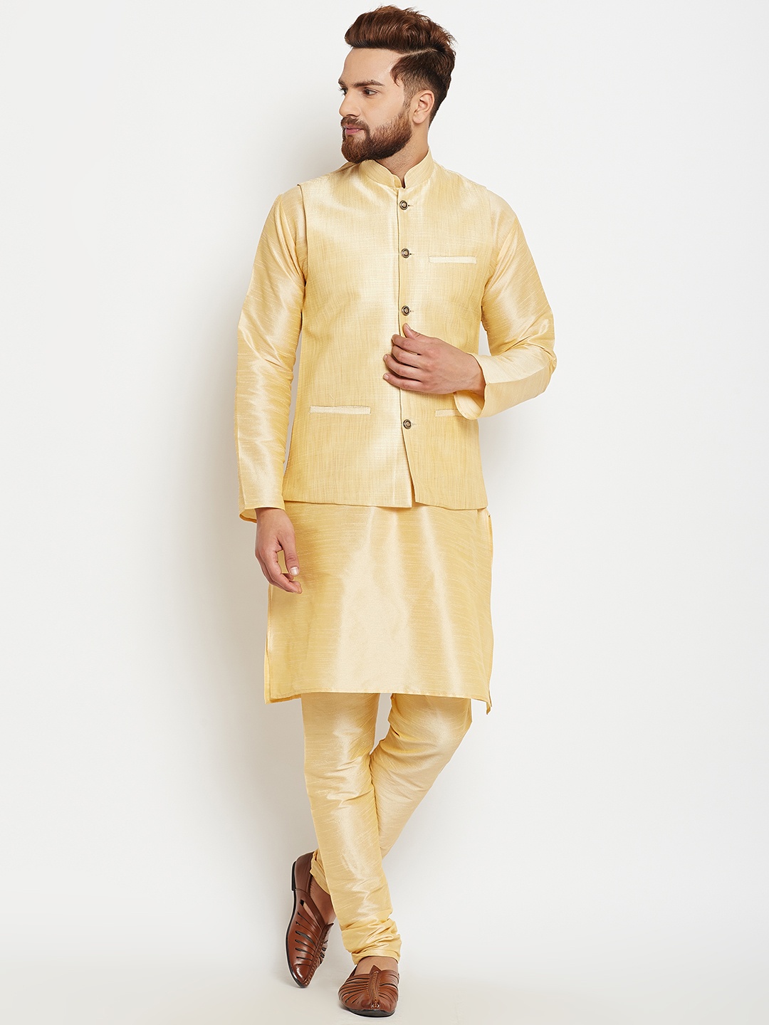 

SOJANYA Men Gold-Toned Self Design Kurta with Churidar