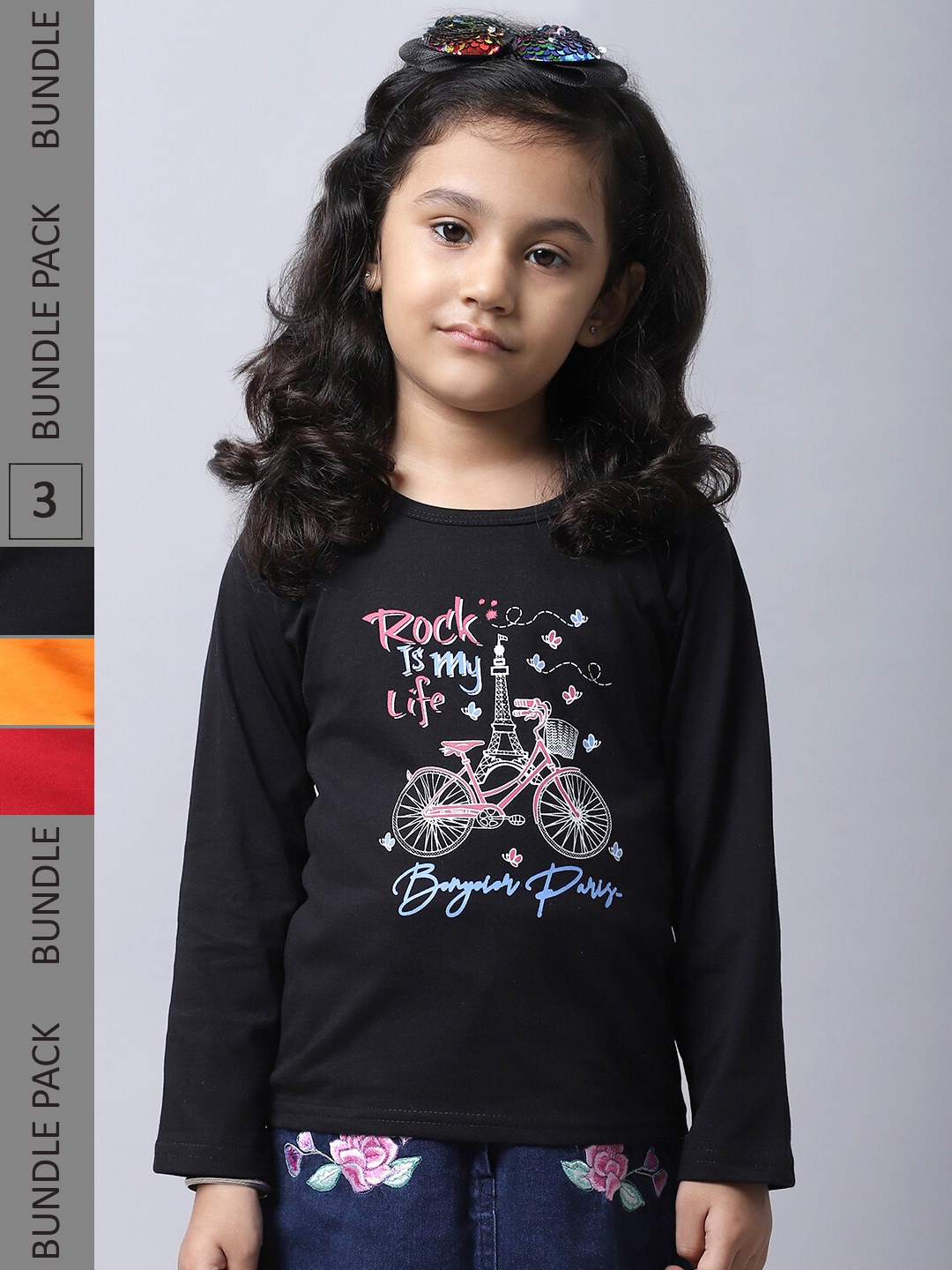 

BAESD Girls Pack of 3 Printed Regular Fit Cotton T-shirt, Black