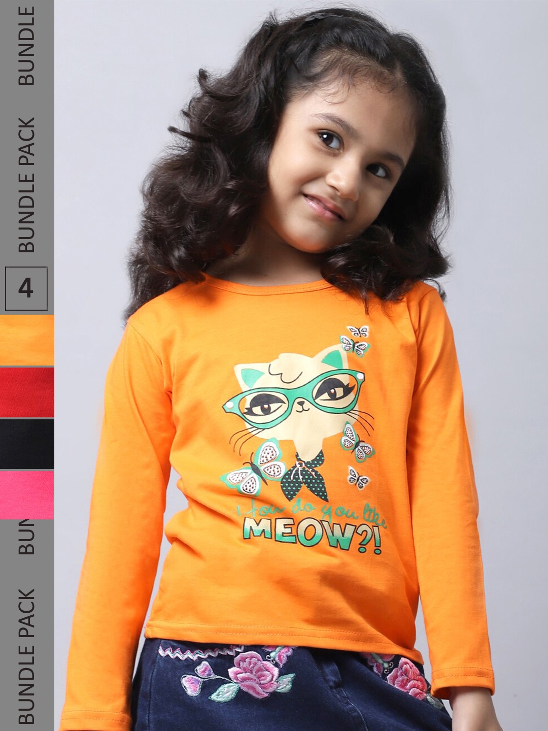 

BAESD Girls Pack of 4 Graphic Printed Cotton T-shirt, Mustard
