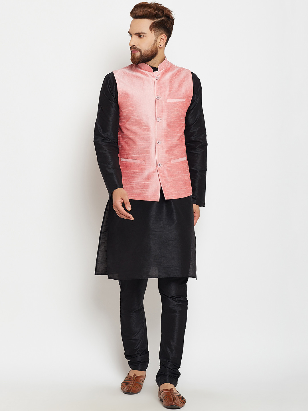 

SOJANYA Men Black & Pink Self Design Kurta with Churidar & Nehru Jacket