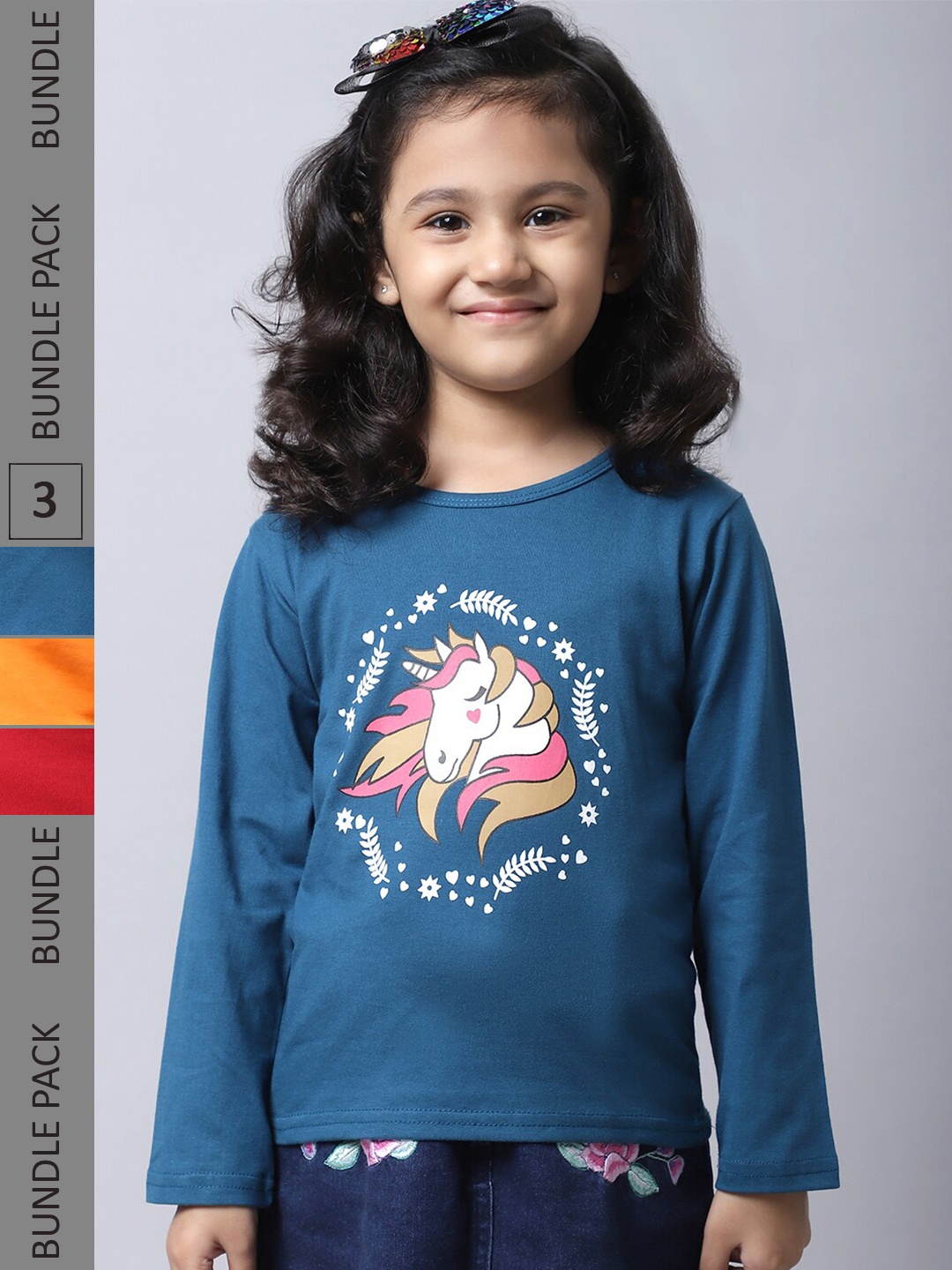 

BAESD Girls Pack of 3 Graphic Printed Cotton T-shirt, Blue