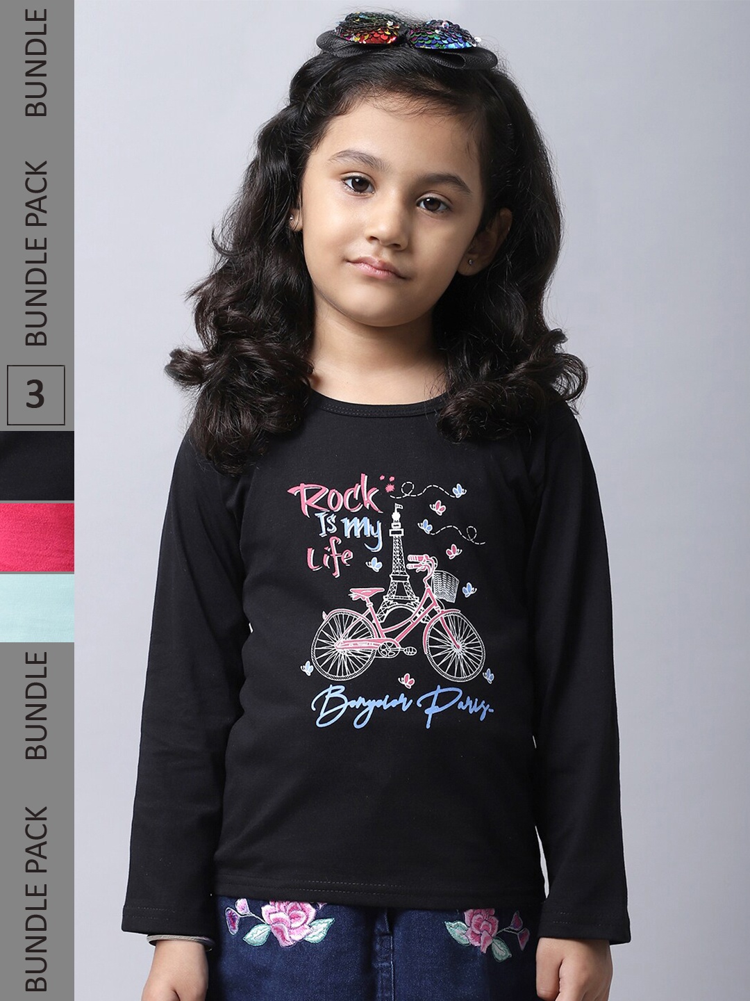 

BAESD Girls Pack of 3 Graphic Printed Cotton T-shirt, Black