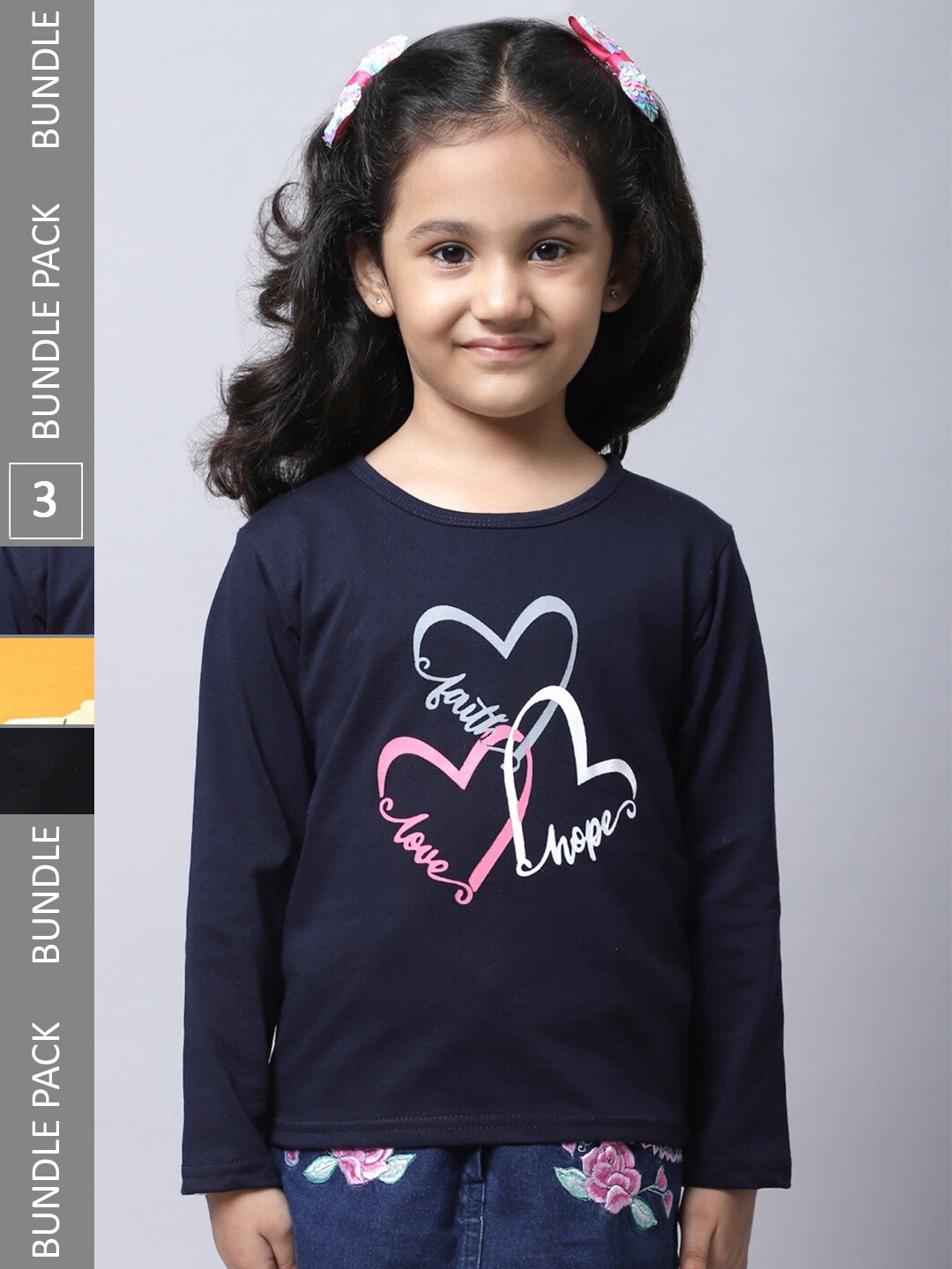 

BAESD Girls Pack of 3 Graphic Printed Cotton T-shirts, Navy blue