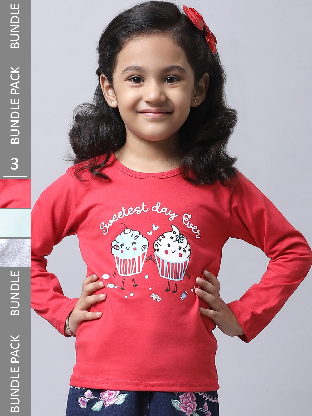 

BAESD Girls Pack Of 3 Printed Long Sleeve Pure Cotton T-shirt, Red