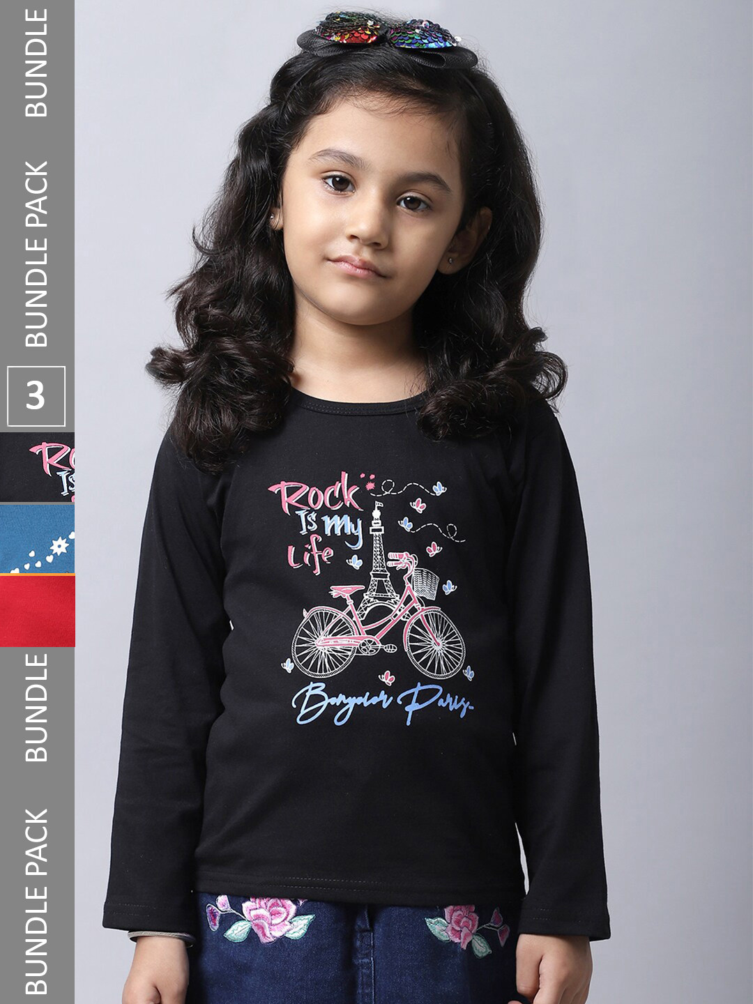 

BAESD Girls Pack Of 3 Printed Cotton T-shirt, Black