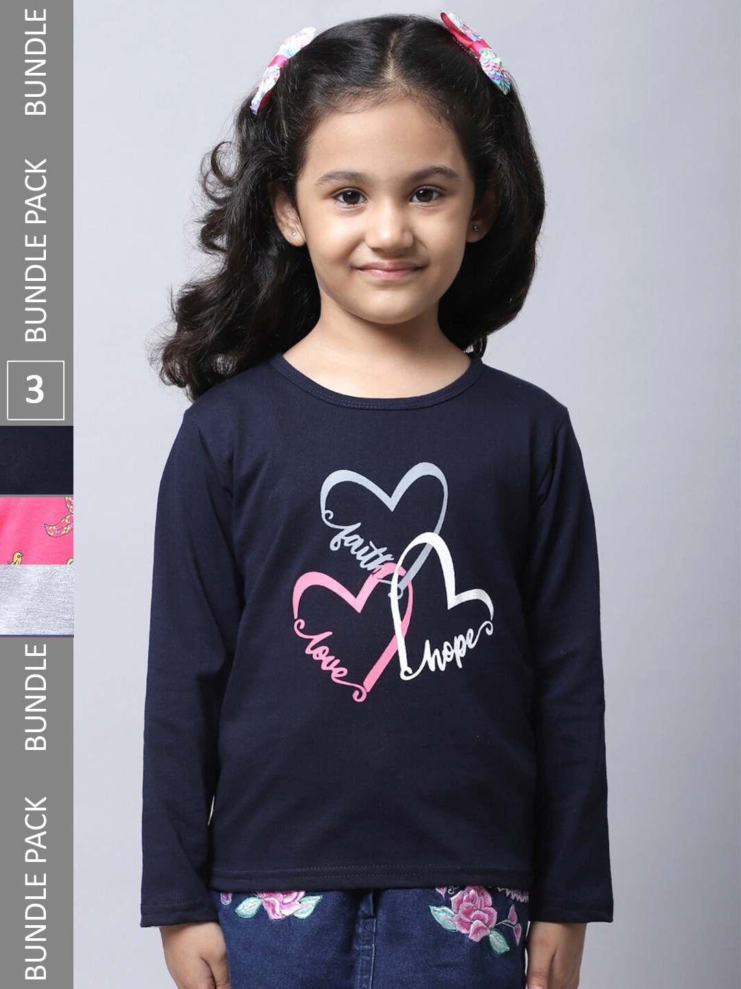 

BAESD Girls Pack of 3 Graphic Printed Cotton T-shirt, Navy blue