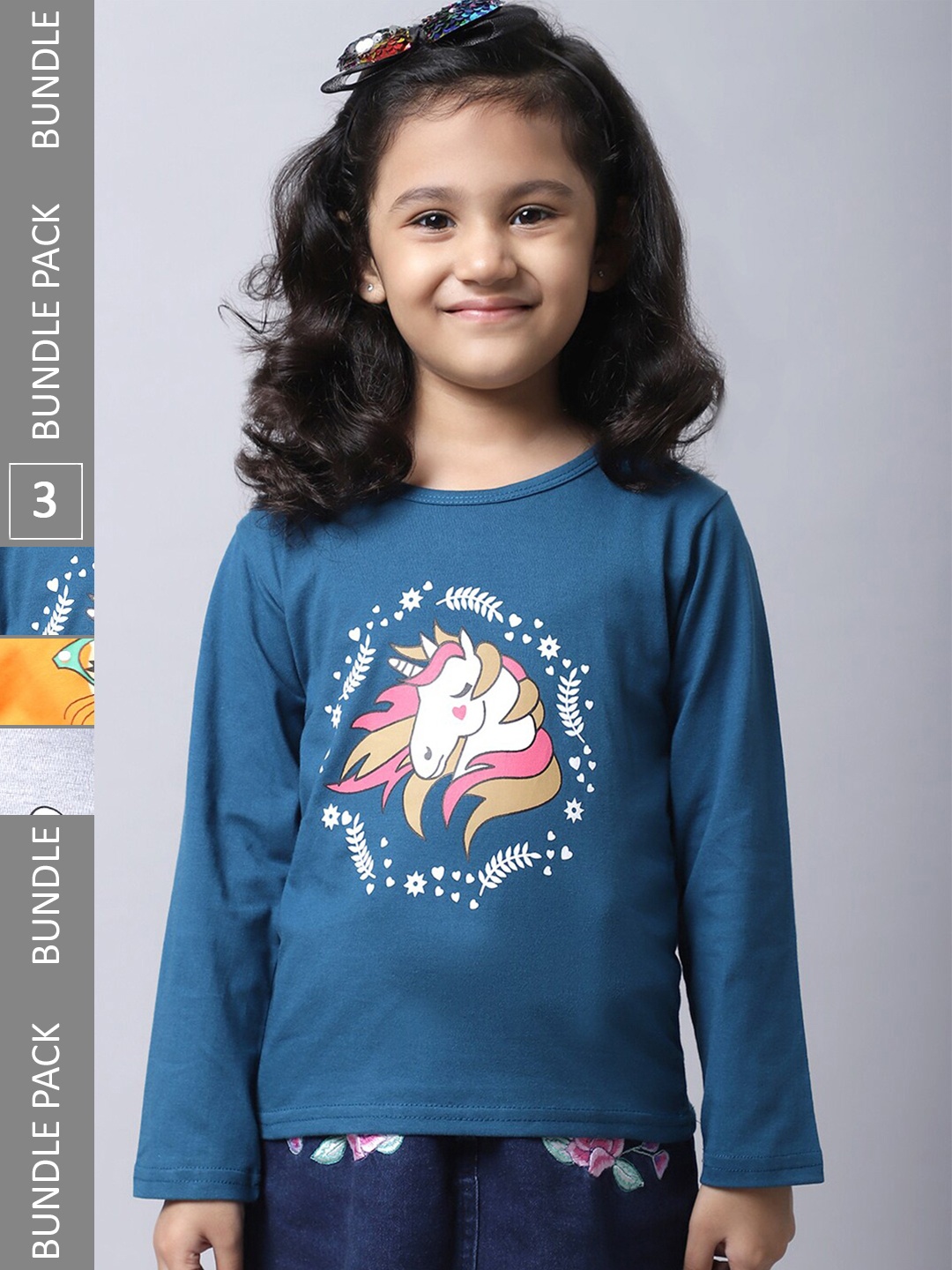 

BAESD Girls Pack Of 4 Graphic Printed Long Sleeve Pure Cotton T-shirt, Blue