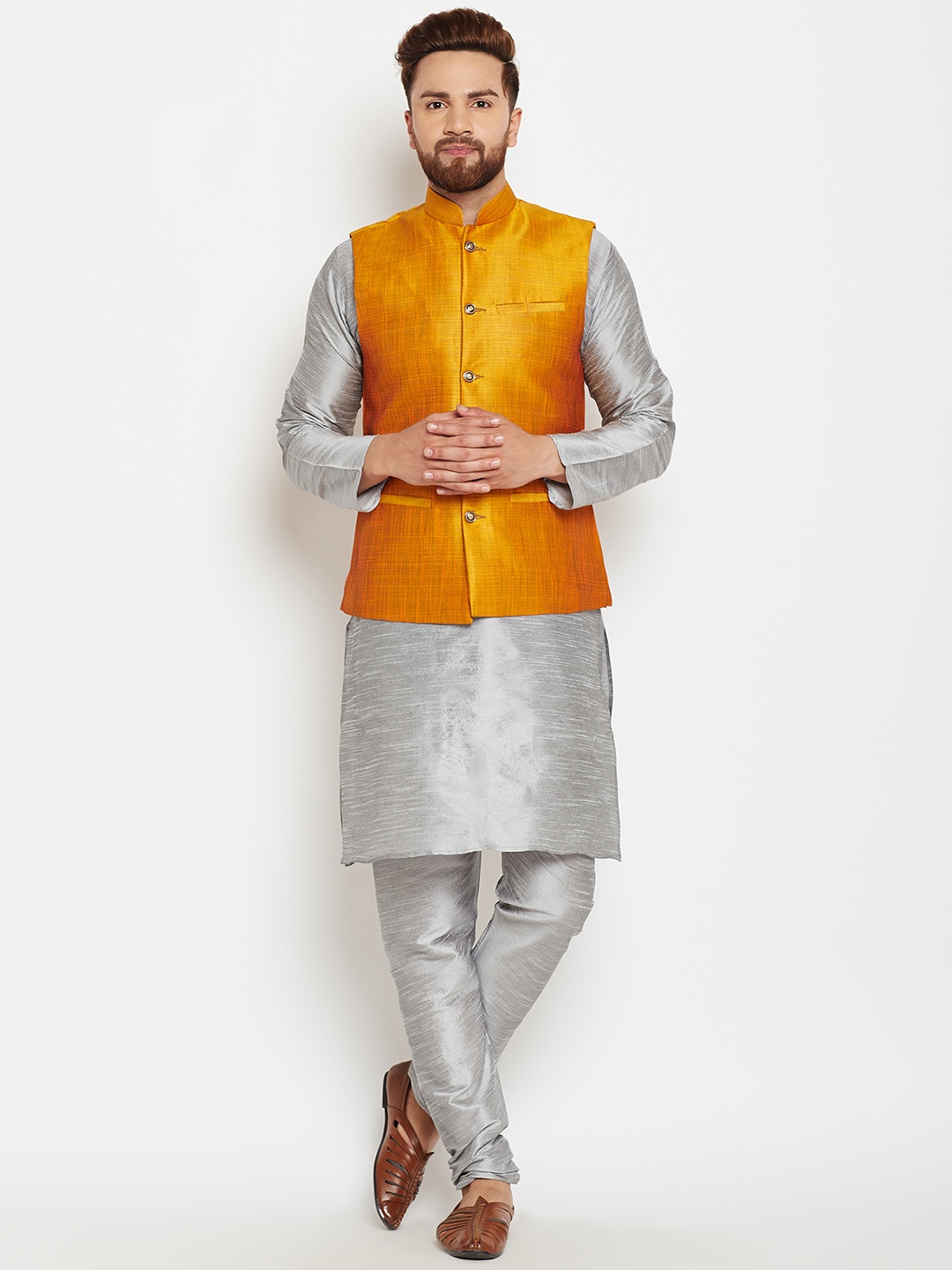 

SOJANYA Men Grey & Mustard Self Design Kurta with Pyjamas and Nehru Jacket