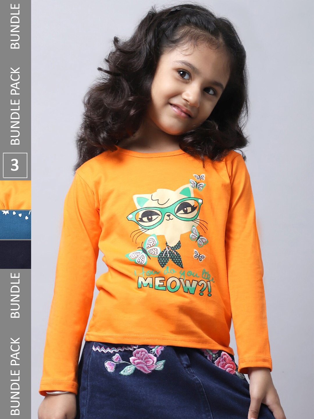 

BAESD Girls Pack Of 3 Graphic Printed Long Sleeve Pure Cotton T-shirt, Orange