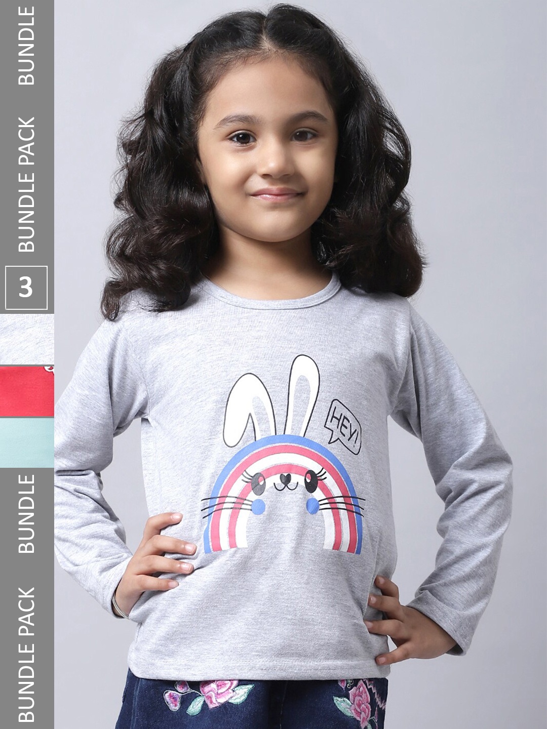 

BAESD Girl Pack Of 3 Graphic Printed Cotton T-Shirt, Grey