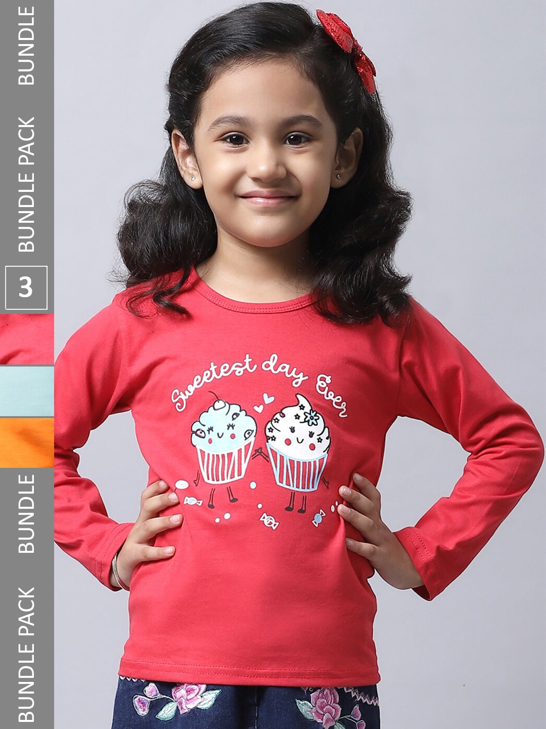 

BAESD Girls Pack Of 3 Printed Cotton T-shirts, Red
