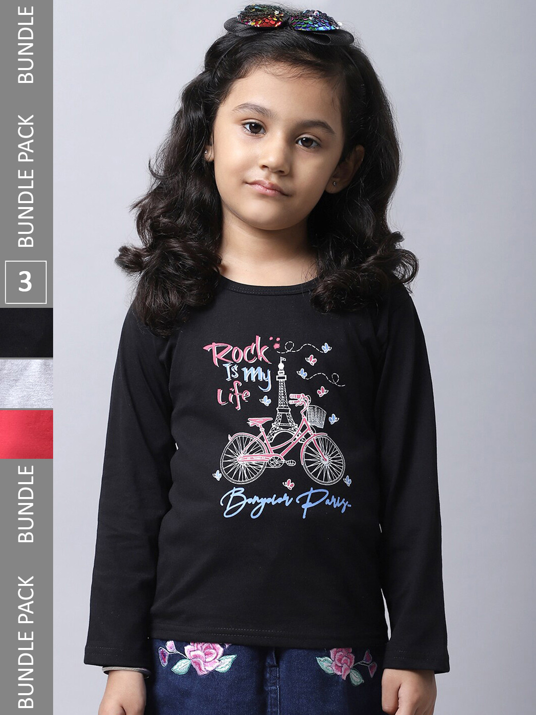

BAESD Girls Pack of 3 Graphic Printed Cotton T-shirt, Black