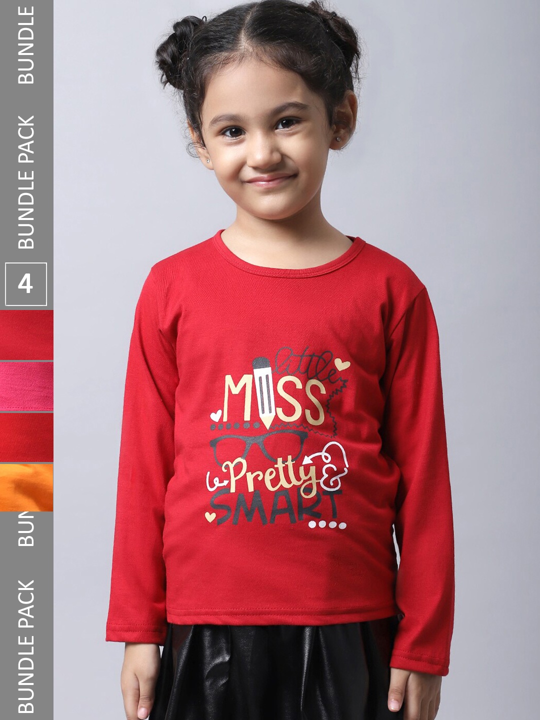 

BAESD Girls Pack Of 4 Printed Regular Fit Cotton T-shirt, Red