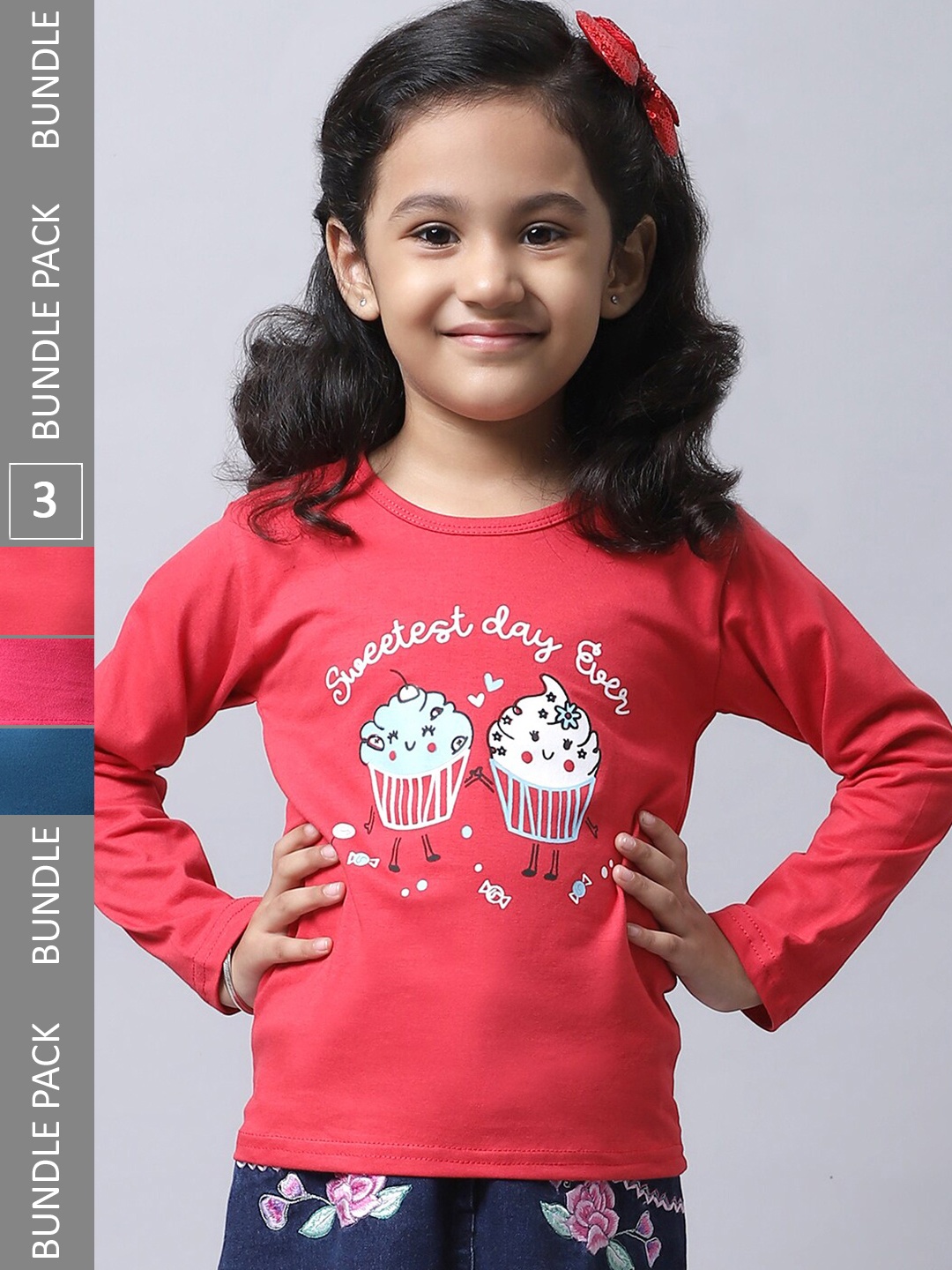 

BAESD Girls Pack Of 3 Graphic Printed Round Neck Cotton Regular Fit Casual T-Shirt, Red
