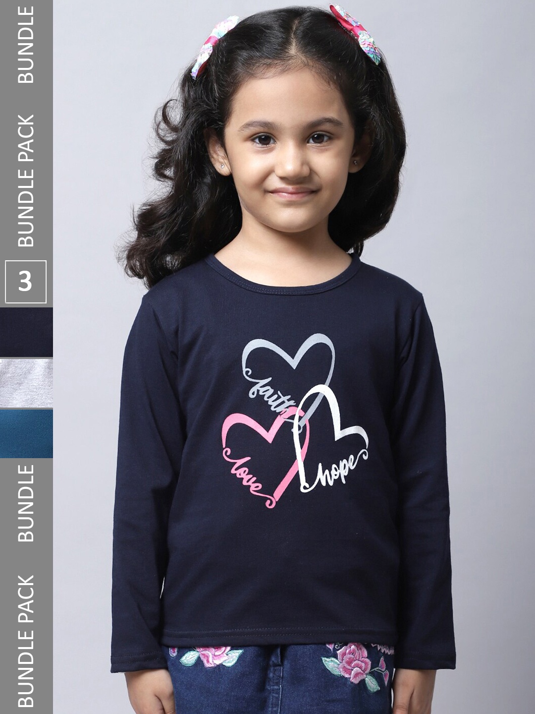 

BAESD Girls Pack Of 3 Printed Cotton T-shirt, Navy blue