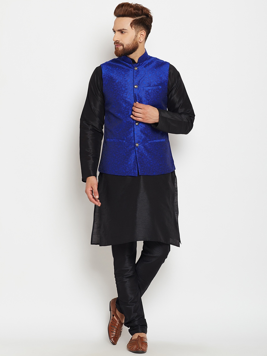 

SOJANYA Men Black & Blue Self Design Kurta Pyjamas with Waistcoat