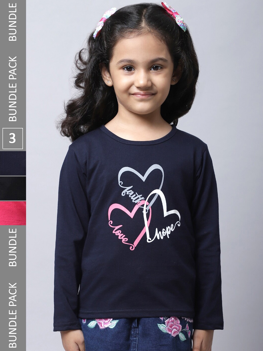 

BAESD Girls Pack of 3 Graphic Printed Cotton T-shirts, Navy blue