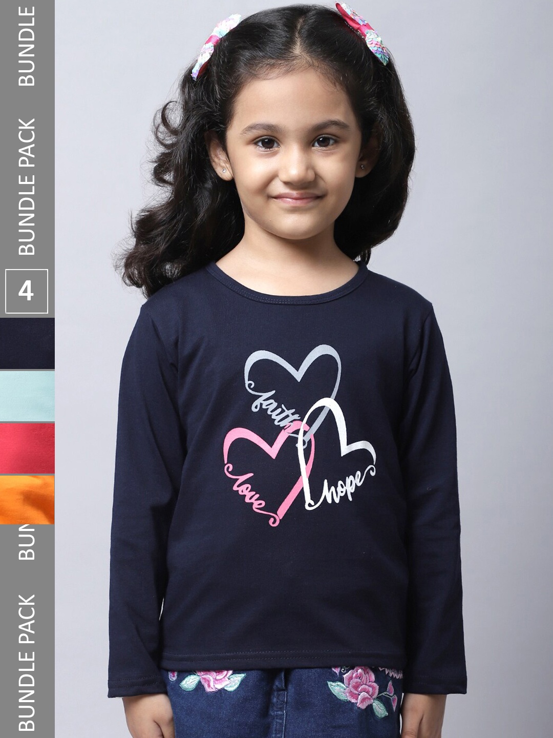 

BAESD Girls Pack of 4 Graphic Printed Cotton T-shirts, Navy blue