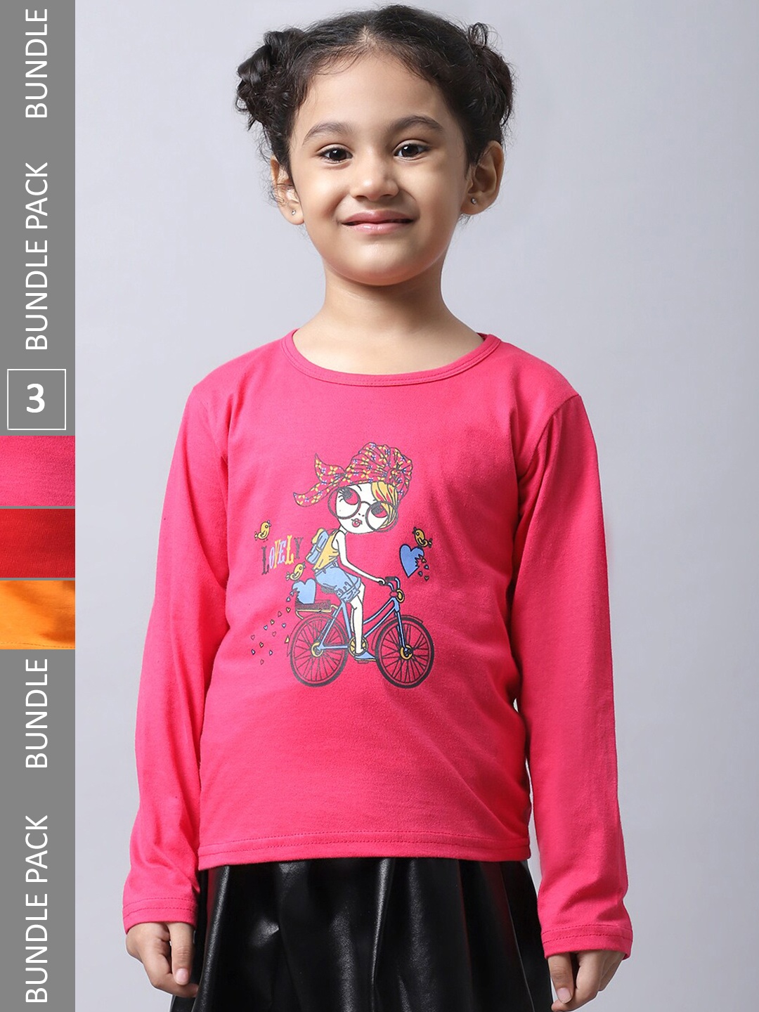 

BAESD Girls Pack Of 3 Graphic Printed Long Sleeves Cotton T-shirt, Pink