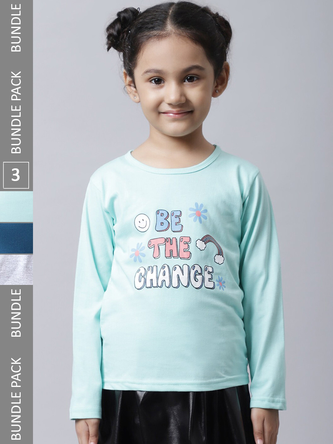 

BAESD Girls Pack of 3 Typography Printed Cotton T-shirts, Blue