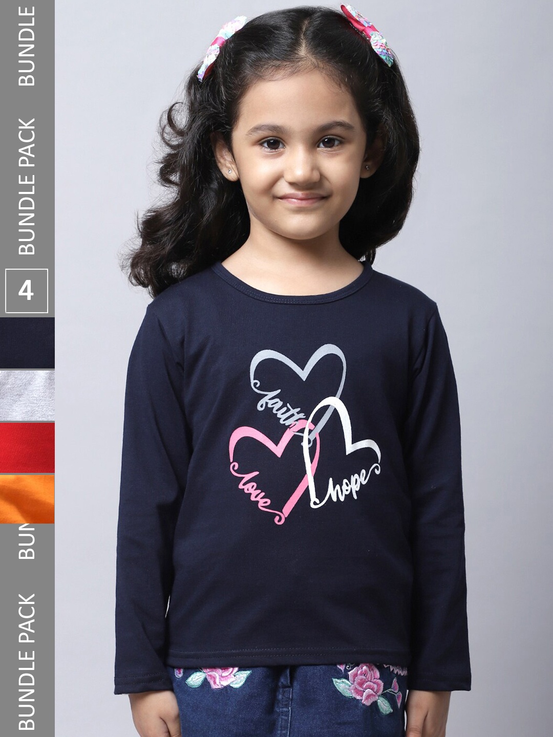

BAESD Girls Pack of 4 Graphic Printed Cotton T-shirts, Navy blue