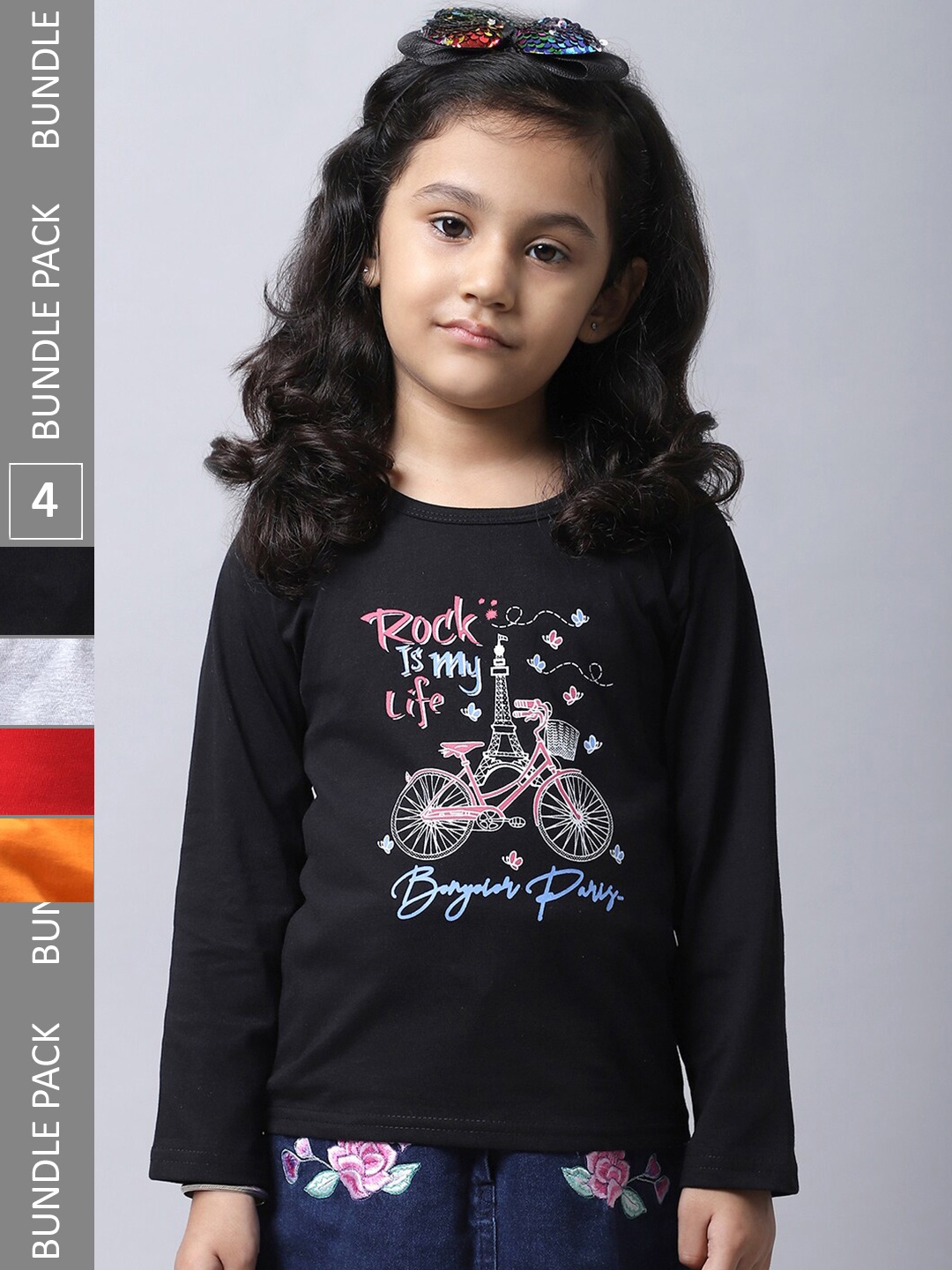 

BAESD Girls Pack of 4 Graphic Printed Cotton T-shirt, Black
