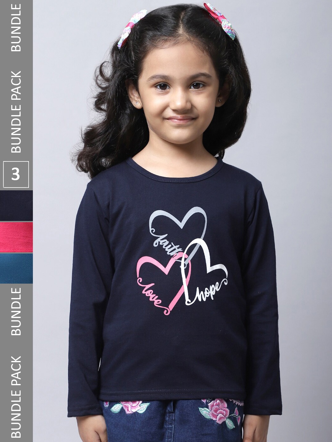 

BAESD Girls Pack of 3 Graphic Printed Cotton T-shirt, Navy blue
