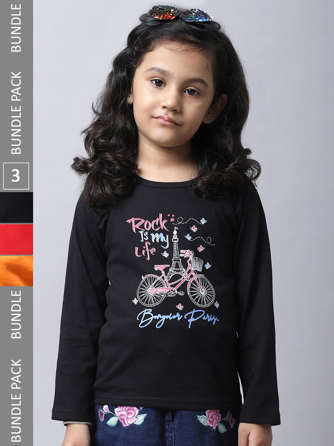 

BAESD Girls Pack Of 3 Graphic Printed Round Neck Cotton Regular T-shirt, Black