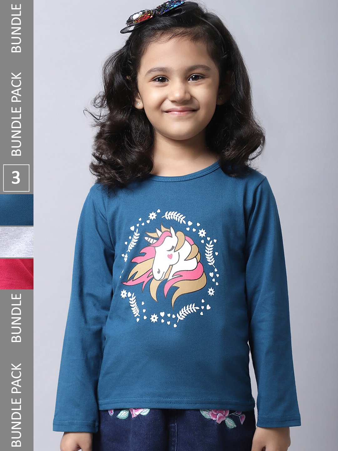 

BAESD Girls Pack Of 3 Printed Cotton T-shirt, Blue