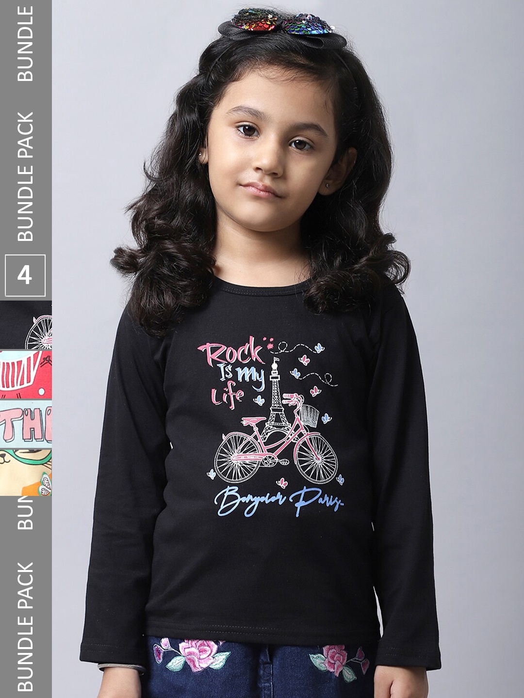 

BAESD Girl Pack Of 4 Typographic Printed Long Sleeves Cotton T-Shirt, Black