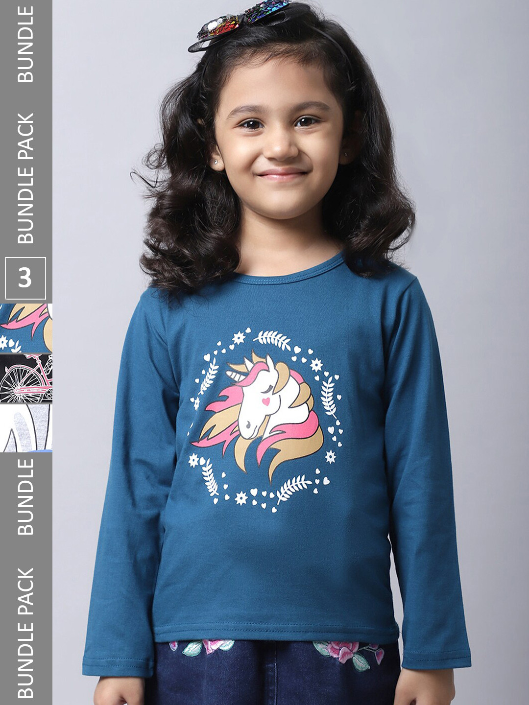 

BAESD Girl Pack Of 3 Graphic Printed Long Sleeves Cotton T-Shirt, Teal